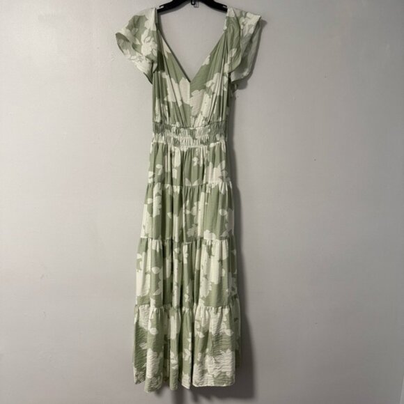 Rachel Zoe Green  White Floral Tiered Shirred Maxi Dress M Ruffle Sleeve V-neck - Picture 1 of 13